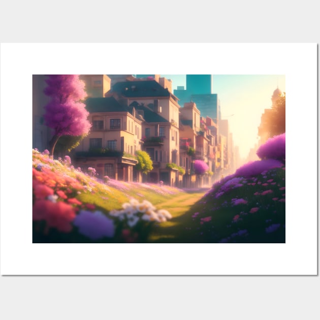 City street with beautiful flowers Wall Art by WODEXZ